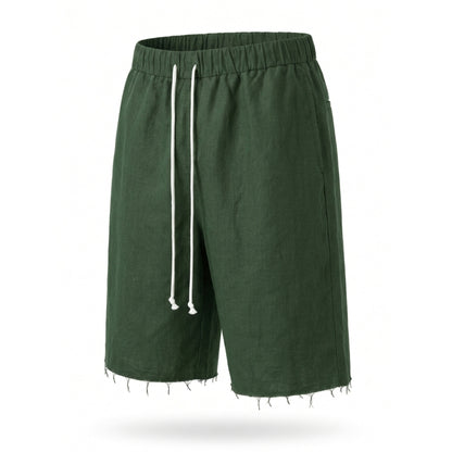 Pantaloni scurți bărbați din in 100% natural, verde, cu talie elastică și tiv raw