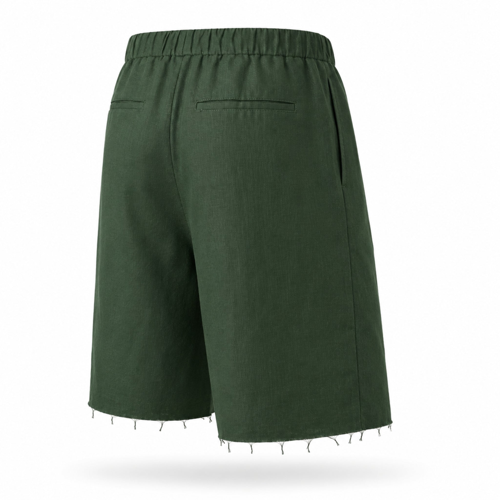 Pantaloni scurți bărbați din in 100% natural, verde, cu talie elastică și tiv raw