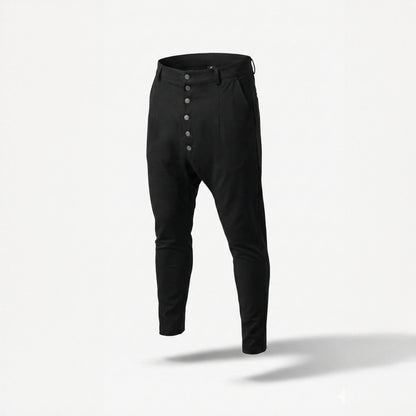 Pantaloni casual barbatesti negri cu tur lasat si nasturi metalici pe slit