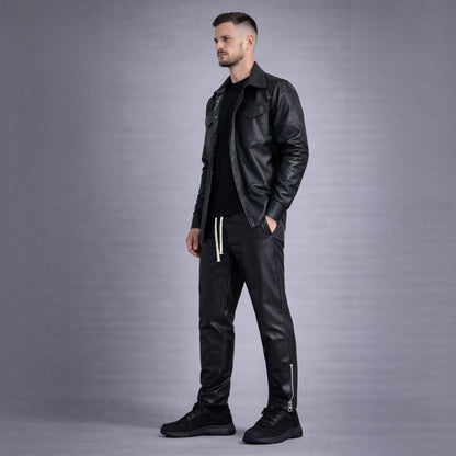Terminatie conica si cusaturi duble de calitate pantaloni negri piele ecologica PN32