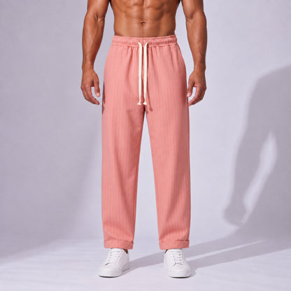 Pantaloni bărbați roz cu dungi fine, croială dreaptă lejeră
