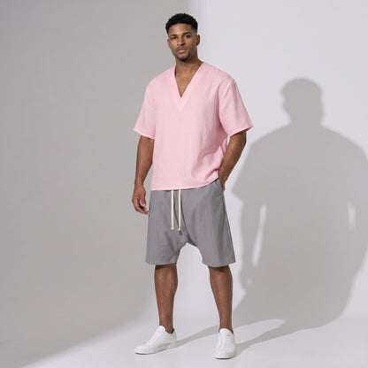 Bluză de vară pentru bărbați, din in roz deschis, croi oversized lejer, stil fashion designer, calitate premium