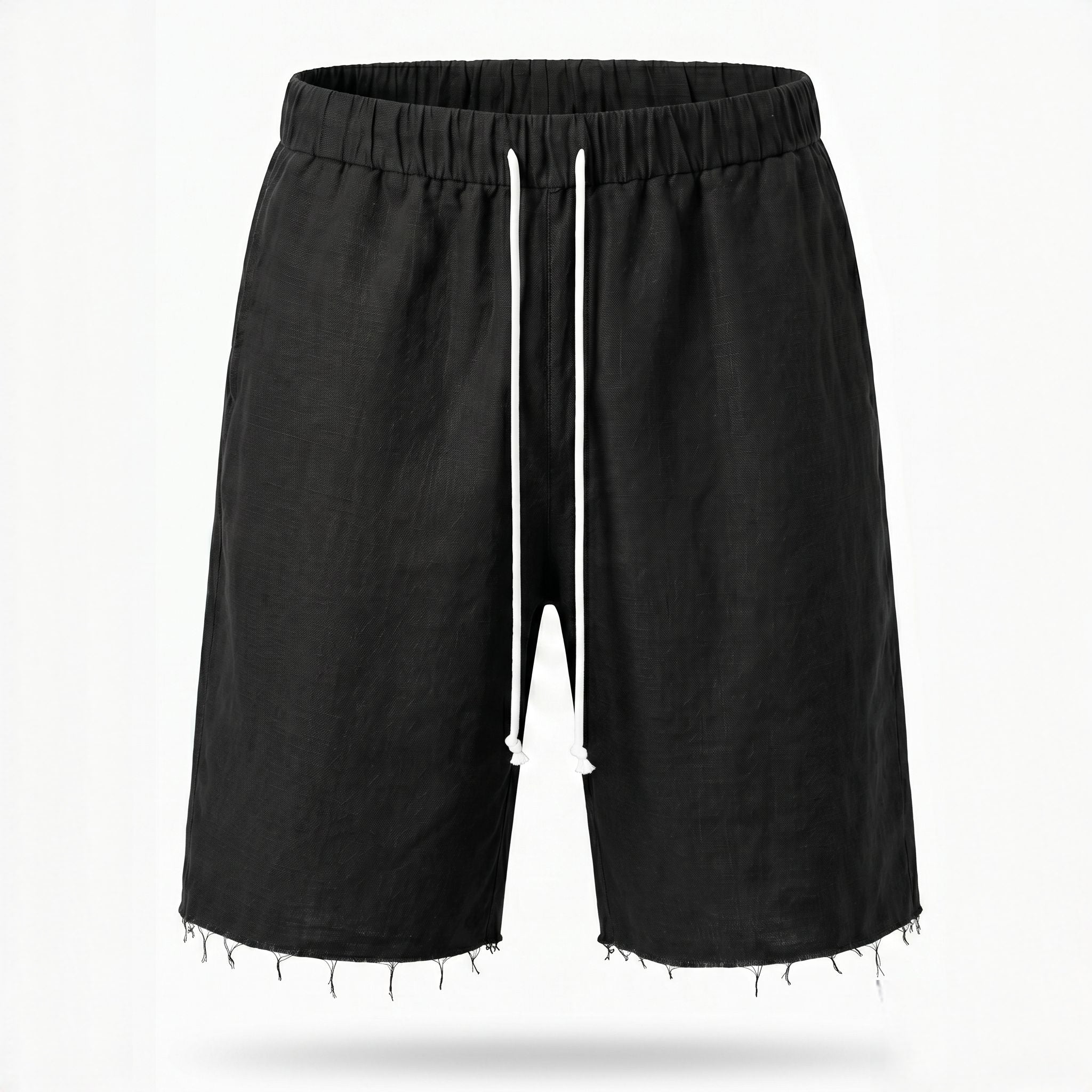 Pantaloni scurți bărbați din in negru, până la genunchi, cu tiv raw