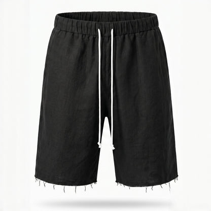 Pantaloni scurți bărbați din in negru, până la genunchi, cu tiv raw