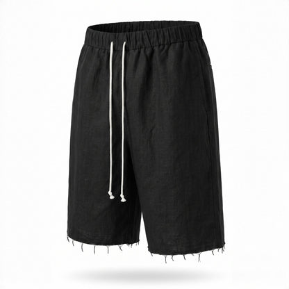 Pantaloni scurți bărbați din in negru, până la genunchi, cu tiv raw