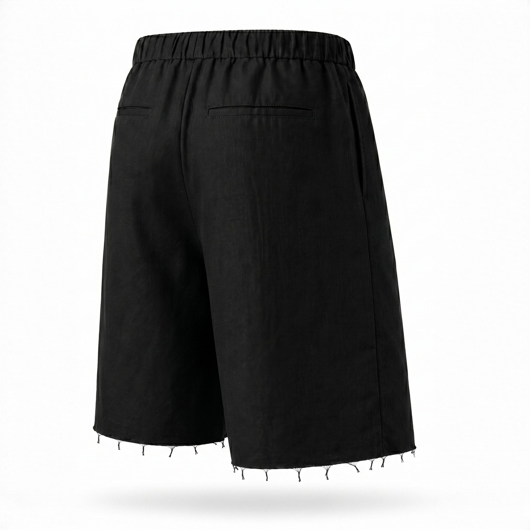 Pantaloni scurți bărbați din in negru, până la genunchi, cu tiv raw