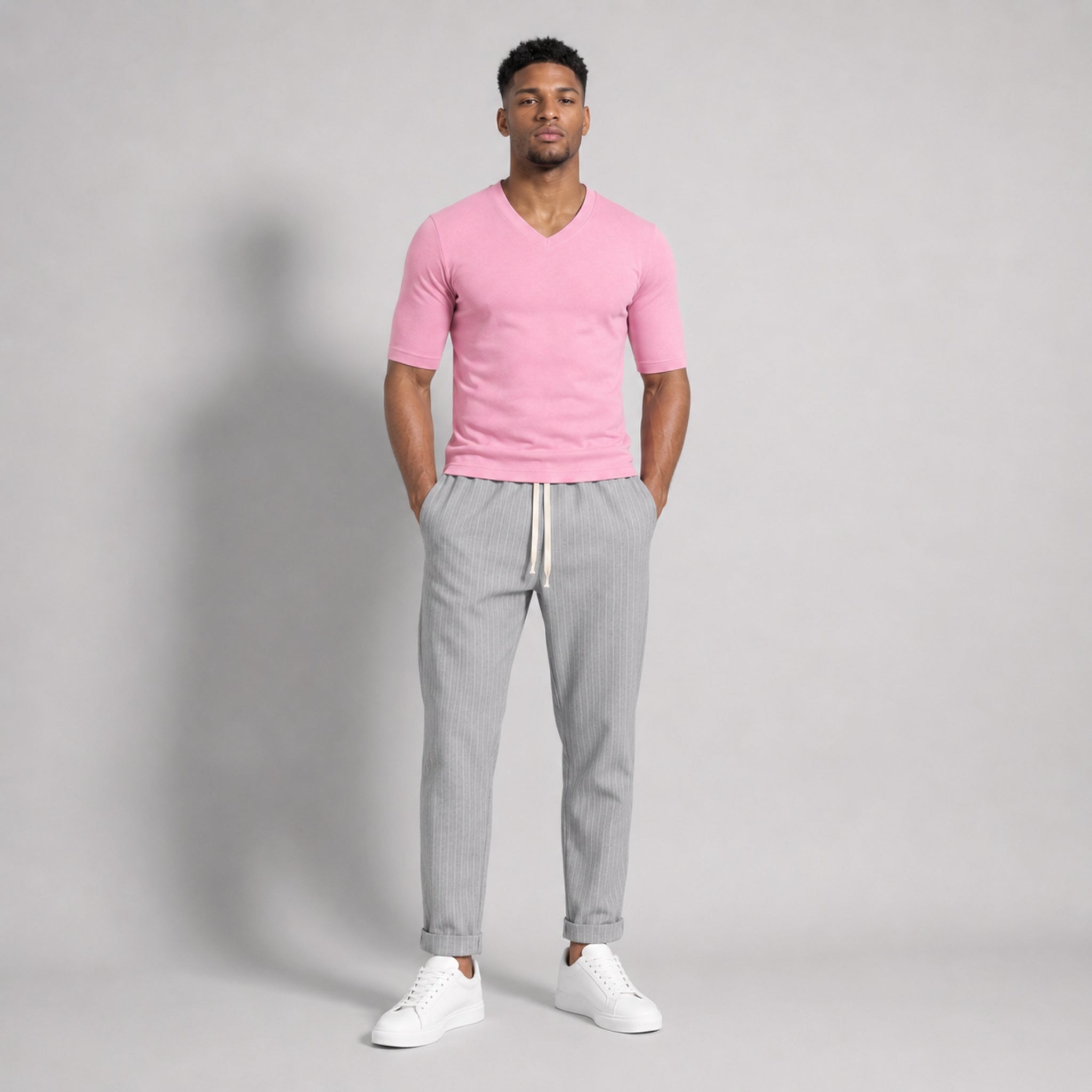 Tricou bărbați roz slim fit cu decolteu în V - Jersey Subțire, Respirabil, Calitate Premium