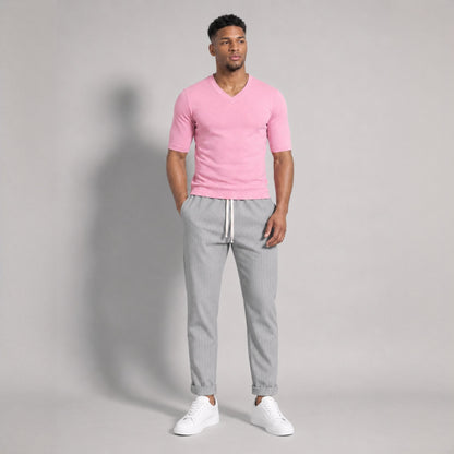 Tricou bărbați roz slim fit cu decolteu în V - Jersey Subțire, Respirabil, Calitate Premium