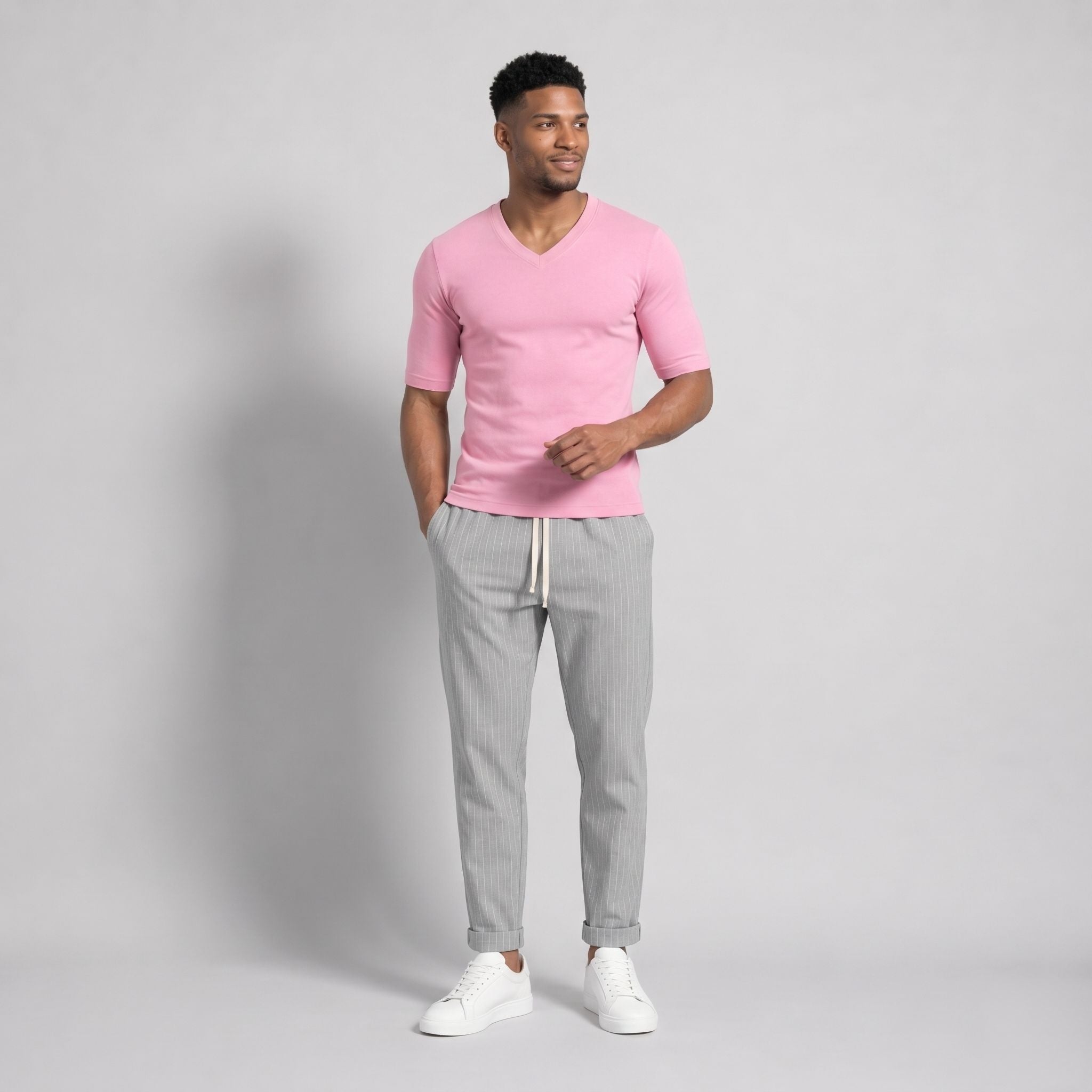 Tricou bărbați roz slim fit cu decolteu în V - Jersey Subțire, Respirabil, Calitate Premium