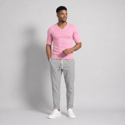 Tricou bărbați roz slim fit cu decolteu în V - Jersey Subțire, Respirabil, Calitate Premium