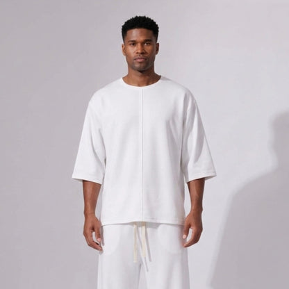 Tricou Bărbați Oversized Long Line Alb, Mâneci 3/4, Tivuri Raw