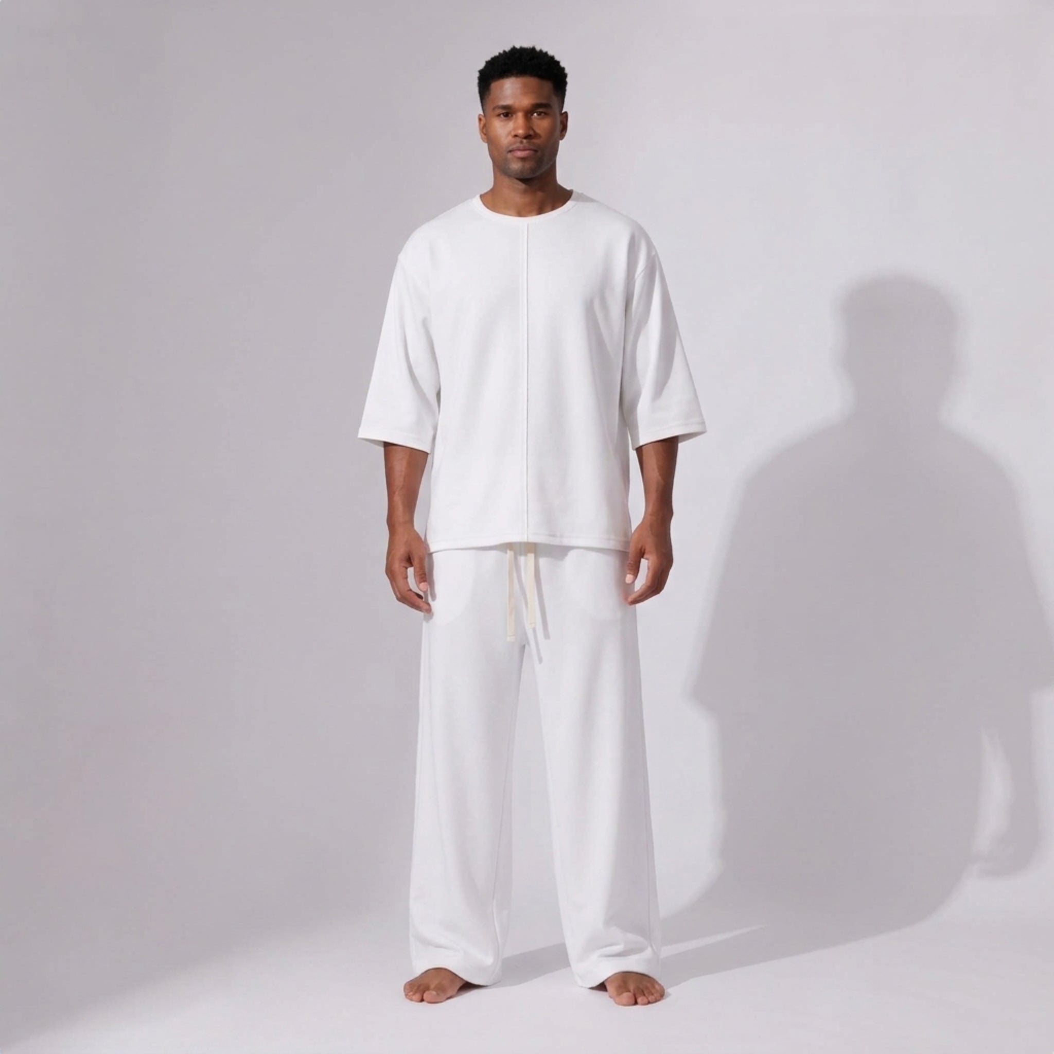 Tricou Bărbați Oversized Long Line Alb, Mâneci 3/4, Tivuri Raw