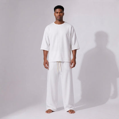 Tricou Bărbați Oversized Long Line Alb, Mâneci 3/4, Tivuri Raw