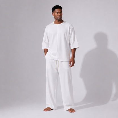 Tricou Bărbați Oversized Long Line Alb, Mâneci 3/4, Tivuri Raw