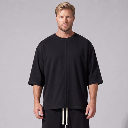 Tricou Bărbați Oversized Long Line din Bumbac 100% – Negru, Mâneci 3/4, Tivuri Raw