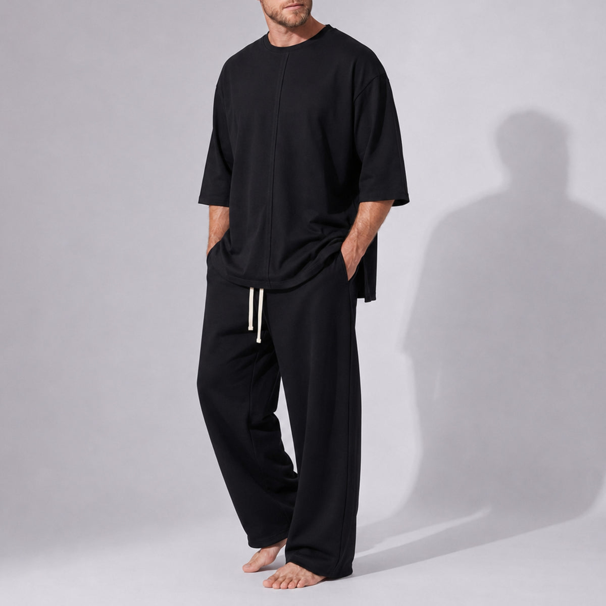 Tricou Bărbați Oversized Long Line din Bumbac 100% – Negru, Mâneci 3/4, Tivuri Raw