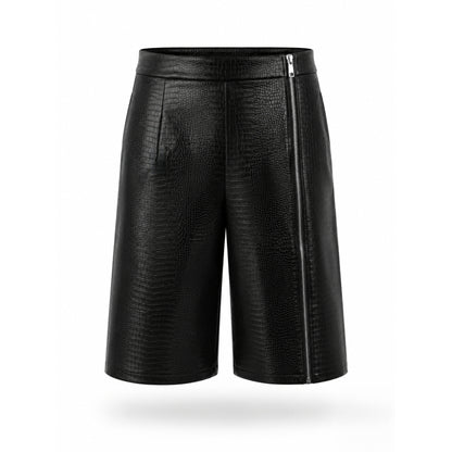 Pantaloni Scurți Bărbați din Piele Vegană Croc cu Fermoar Metalic