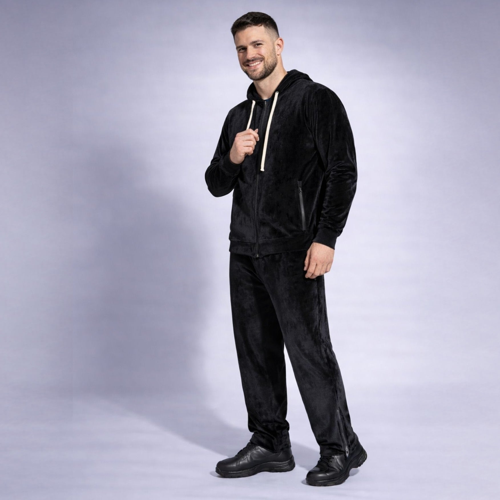 Pantaloni bărbătești drepți din catifea neagră cu fermoare laterale – Stil modern premium