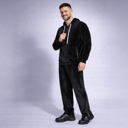 Pantaloni bărbătești drepți din catifea neagră cu fermoare laterale – Stil modern premium