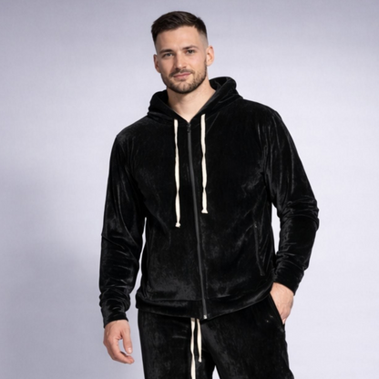 Hanorac barbatesc long line negru din catifea premium Asimetrix - stil urban luxos