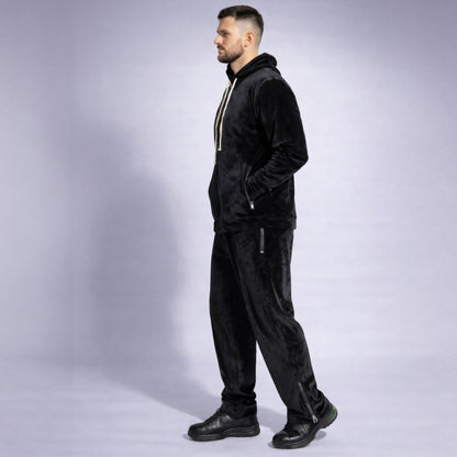 Tinuta casual moderna cu hanorac lung din catifea si pantaloni tactici Asimetrix