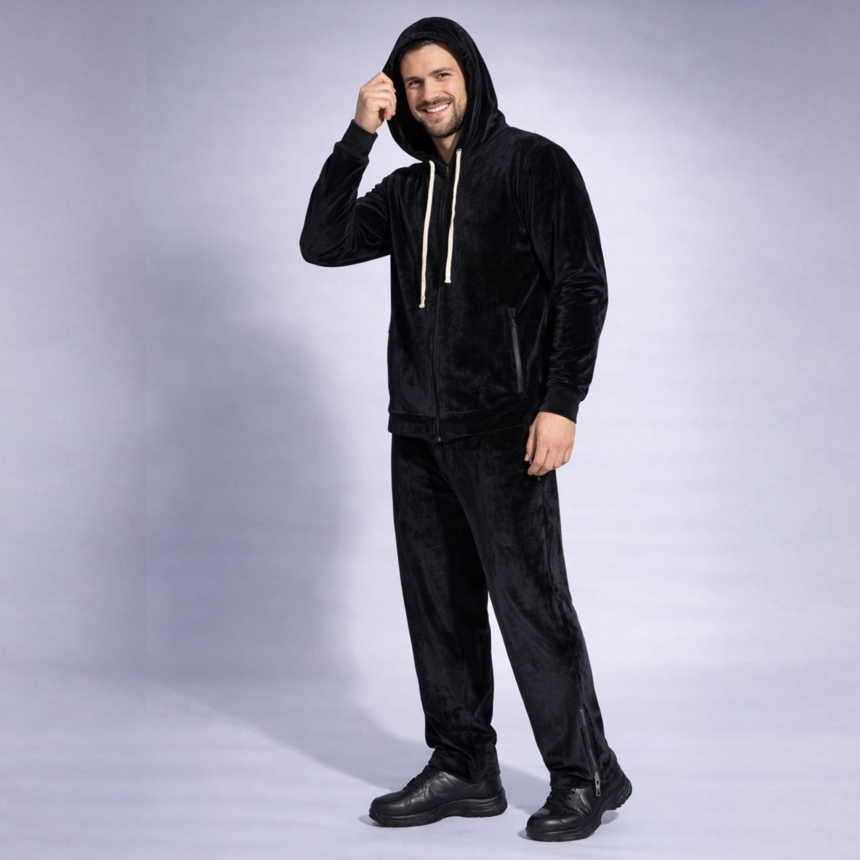 Pantaloni bărbătești drepți din catifea neagră cu fermoare laterale – Stil modern premium