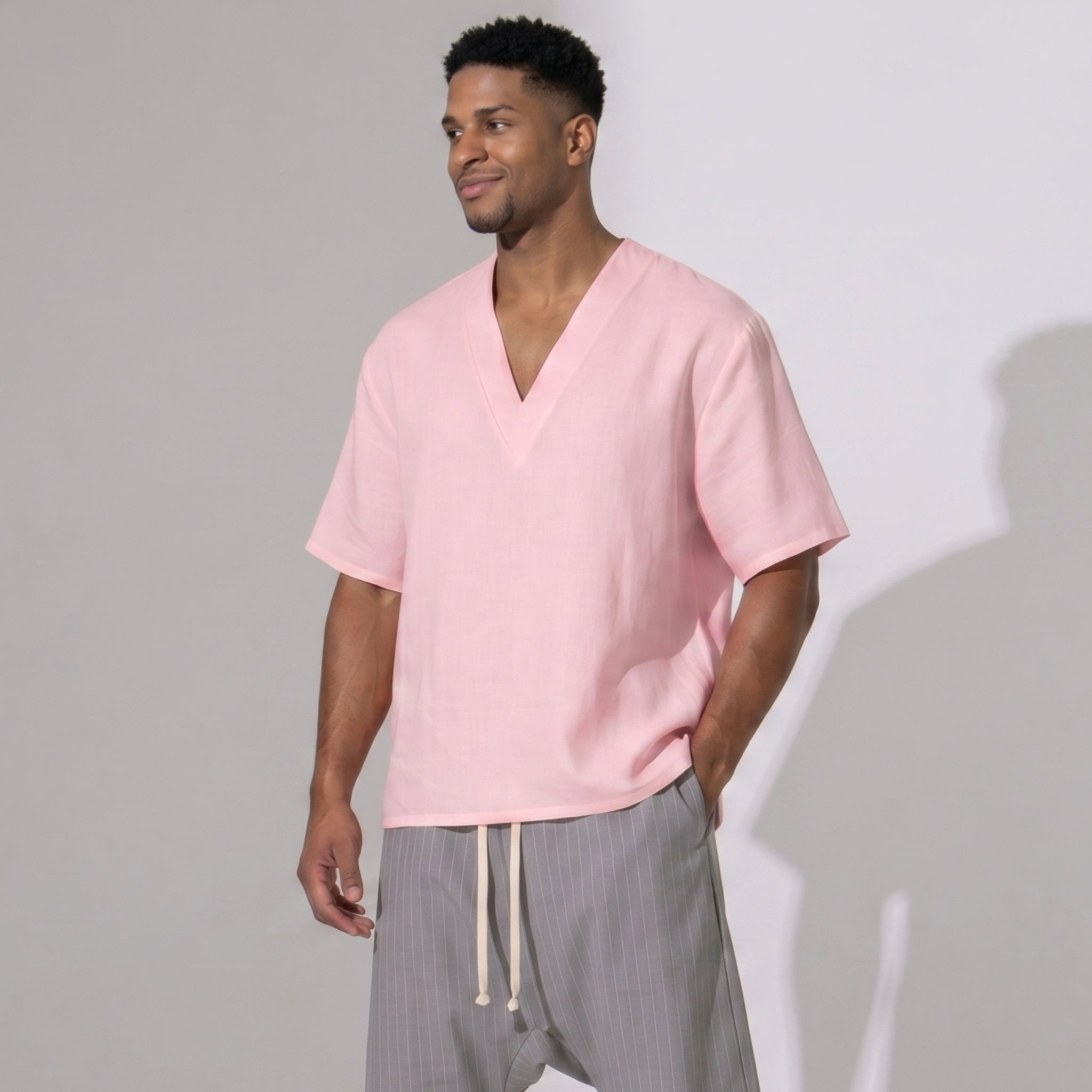 Bluză Bărbați din In Roz Deschis, Oversized – De Vară, Respirabilă