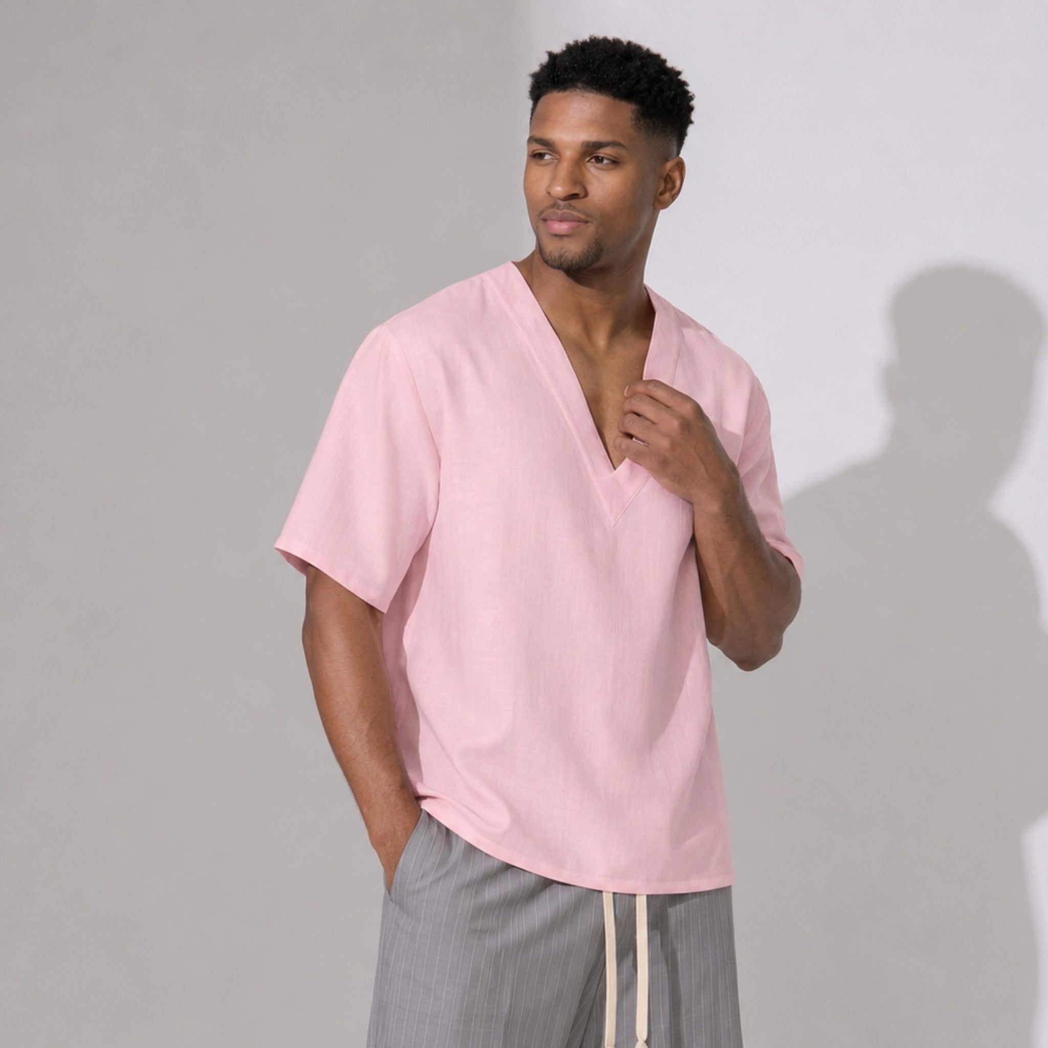 Bluză Bărbați din In Roz Deschis, Oversized – De Vară, Respirabilă