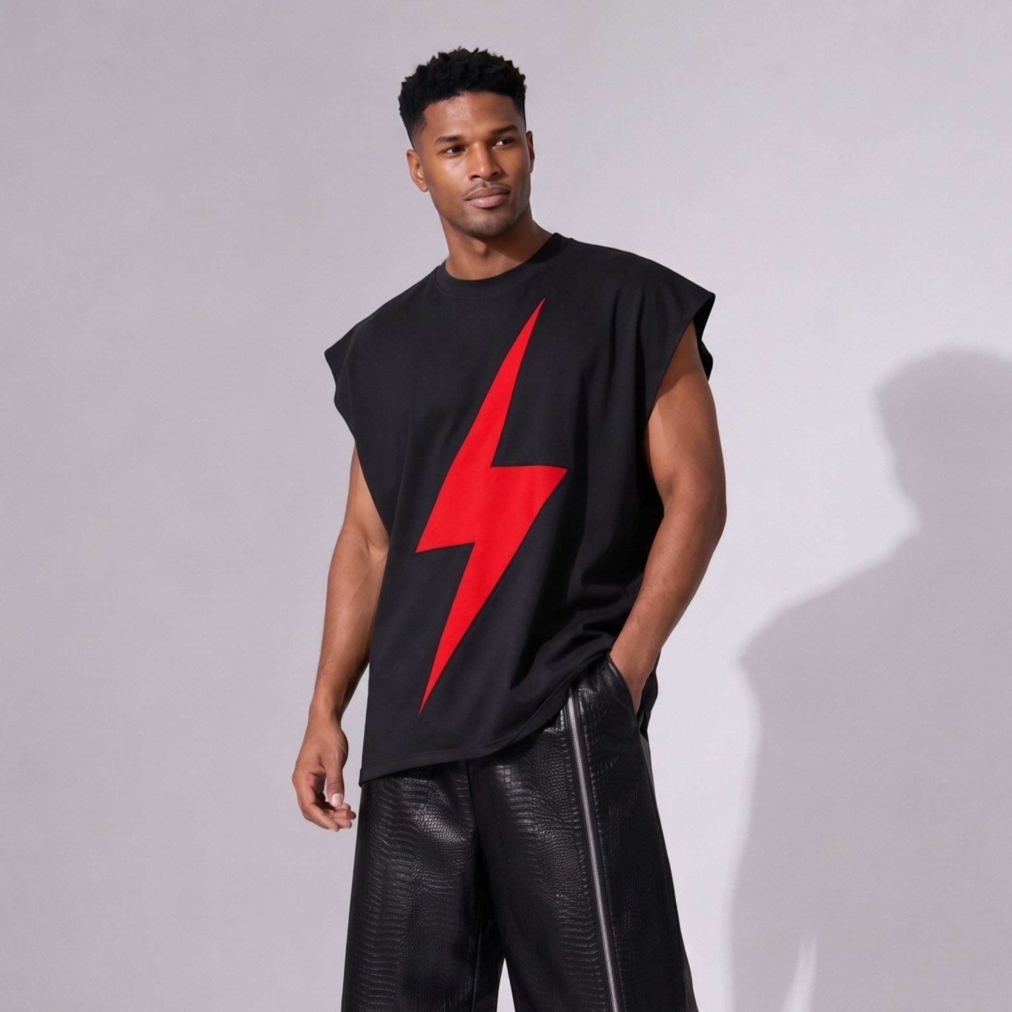 Bluză Bărbați Oversized Fără Mâneci, Umăr Căzut – 100% Bumbac, Design Fulger Laser