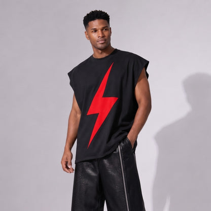 Bluză Bărbați Oversized Fără Mâneci, Umăr Căzut – 100% Bumbac, Design Fulger Laser