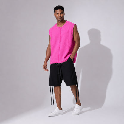 Bluză oversized bărbați din in fucsia fără mâneci, cu tivuri raw