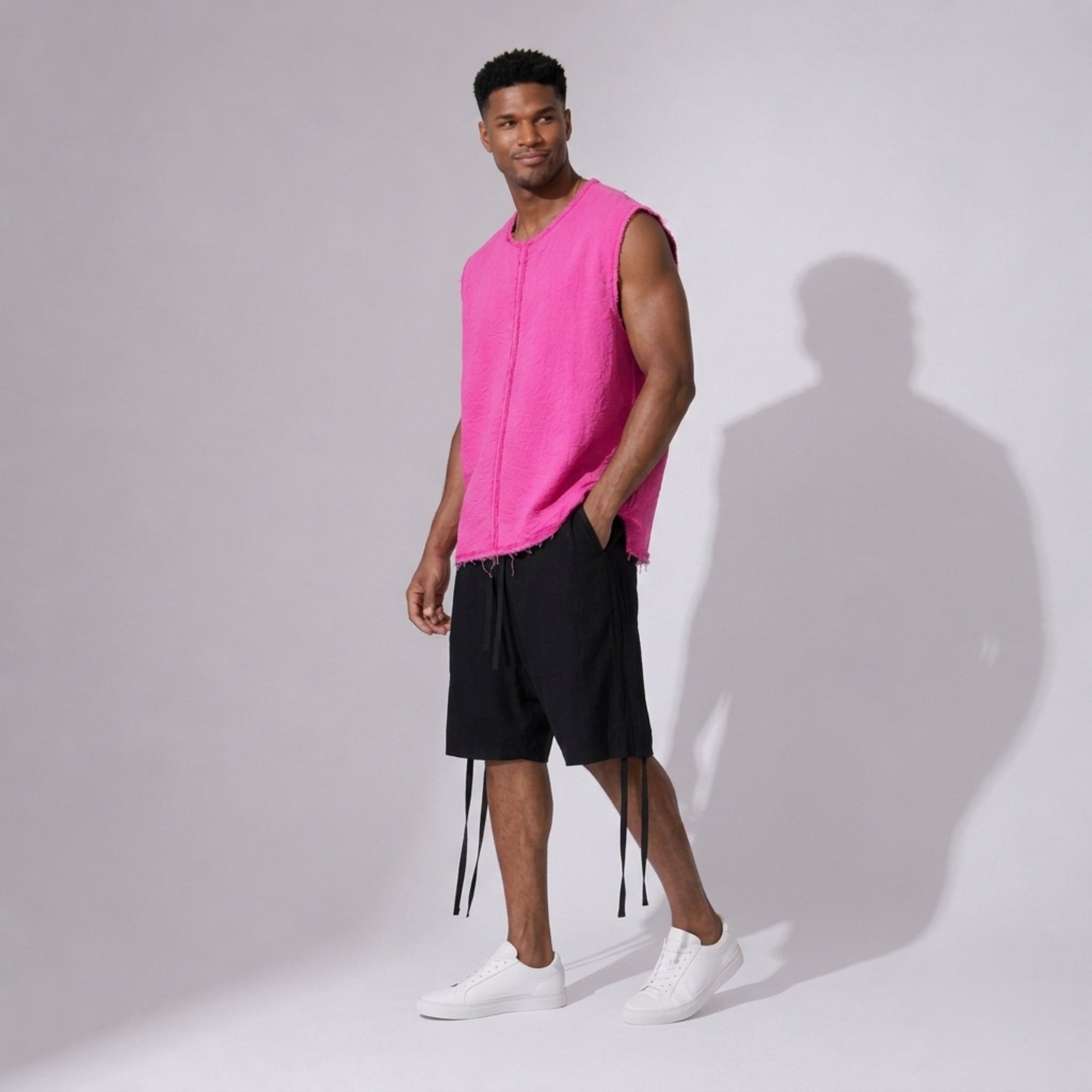 Bluză oversized bărbați din in fucsia fără mâneci, cu tivuri raw
