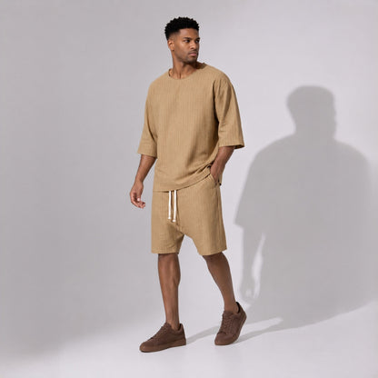Bluză oversized bărbați camel cu dungi fine – stil designer, lejeră de vară