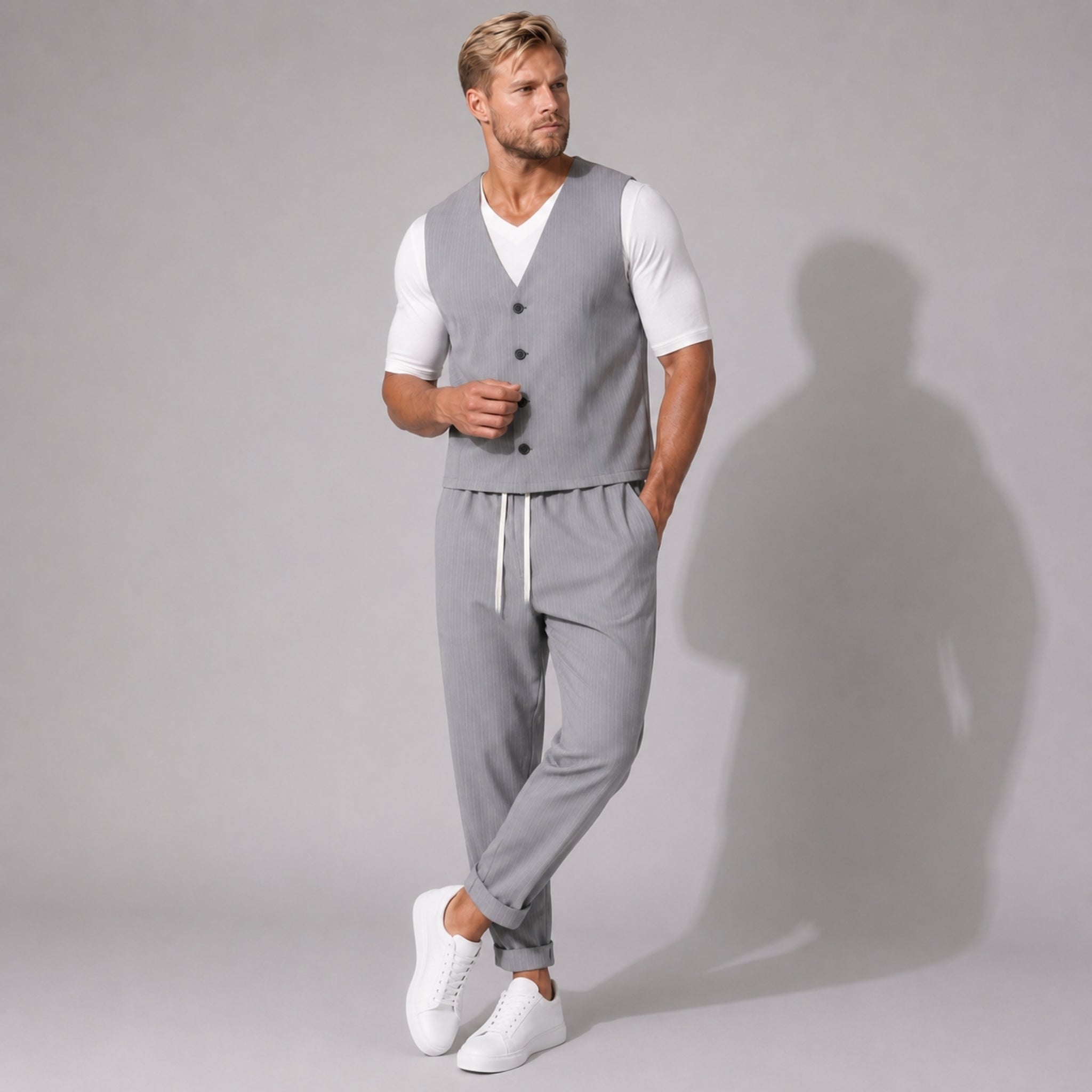 Costum bărbătesc relaxat gri cu dungi – vestă și pantaloni cu tur lăsat