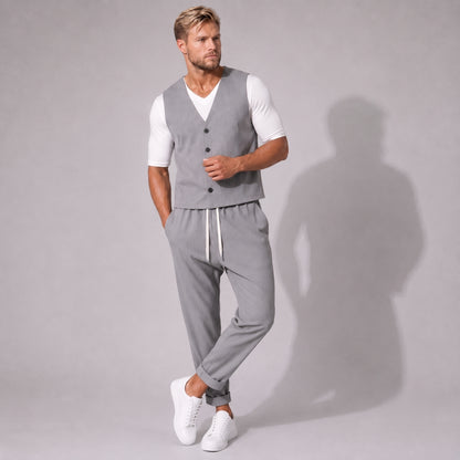 Costum bărbătesc relaxat gri cu dungi – vestă și pantaloni cu tur lăsat