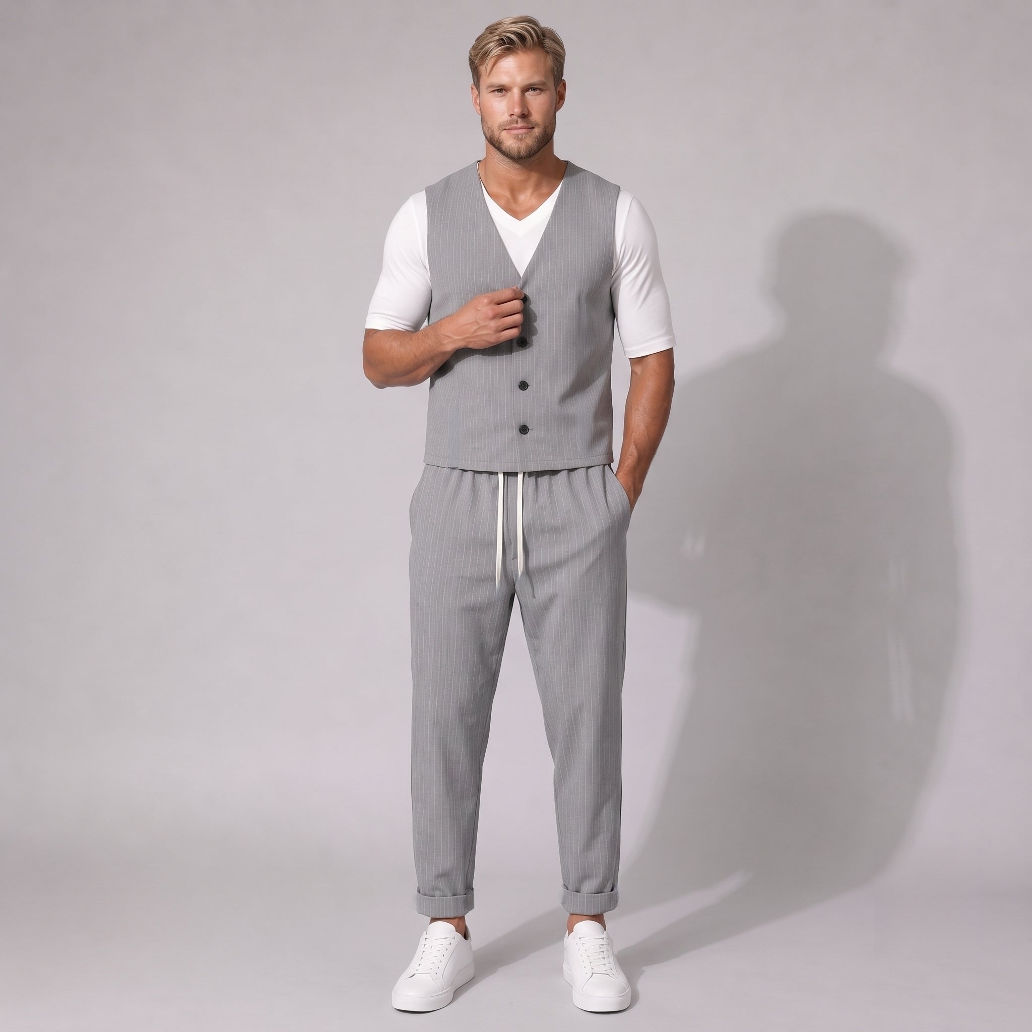 Costum bărbătesc relaxat gri cu dungi – vestă și pantaloni cu tur lăsat