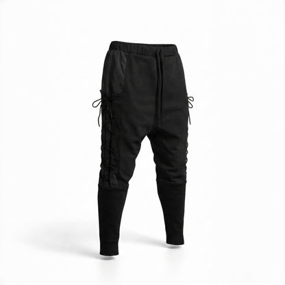 Pantaloni negri bărbătești cu tur, șnururi laterale și fâș aplicat – Stil modern și dinamic