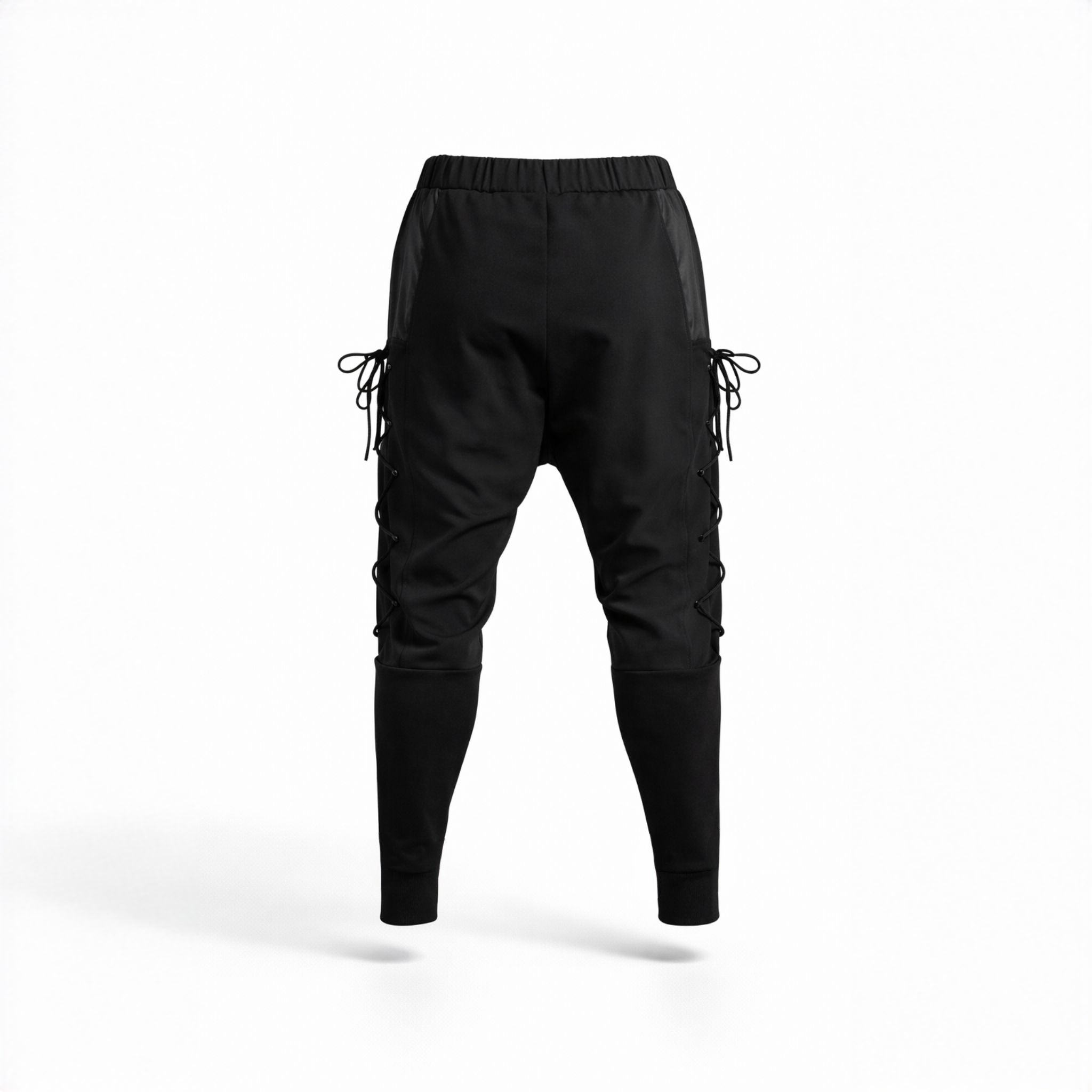 Pantaloni negri bărbătești cu tur, șnururi laterale și fâș aplicat – Stil modern și dinamic