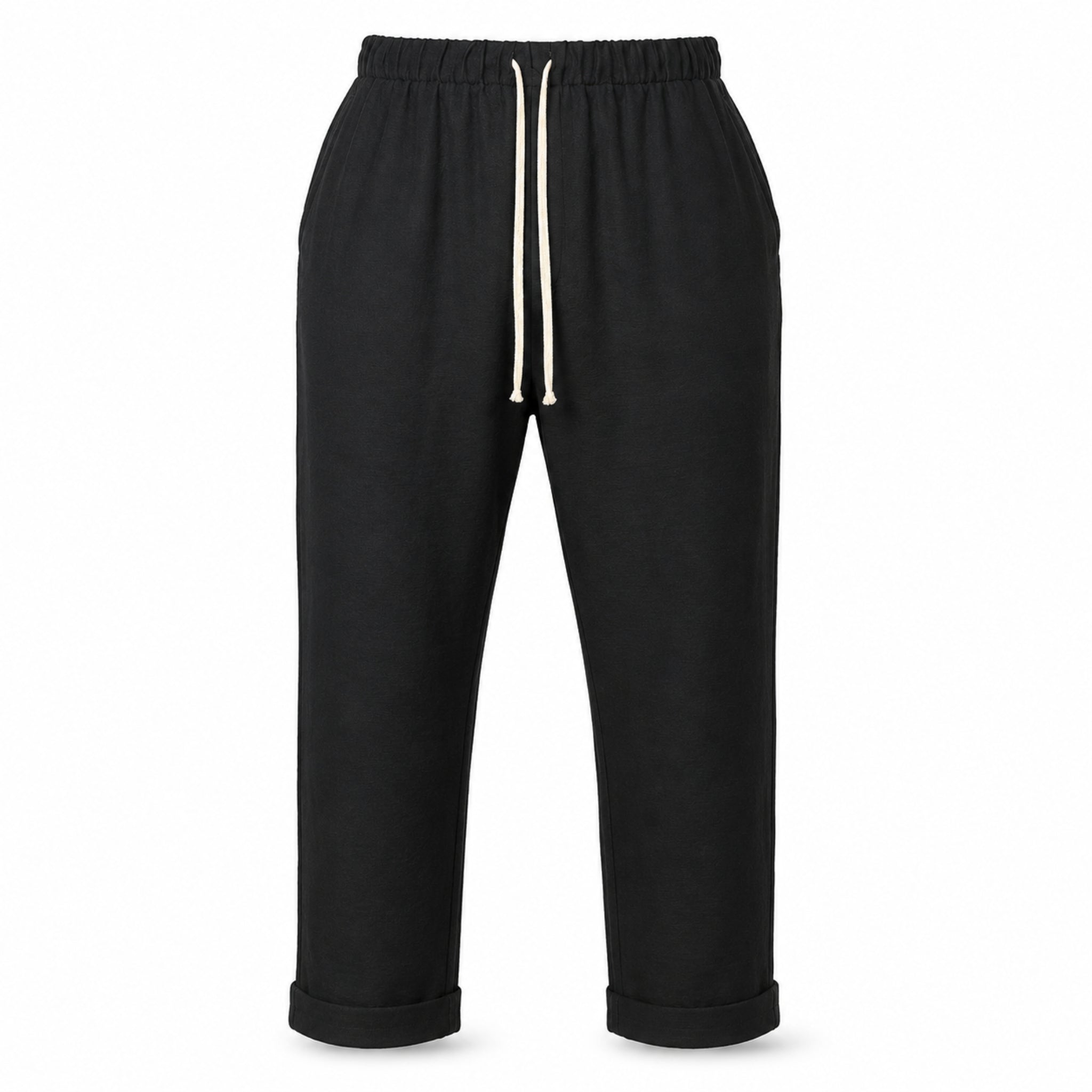 Pantaloni bărbătești negri lungi din in cu tur lăsat – Stil modern și confort premium