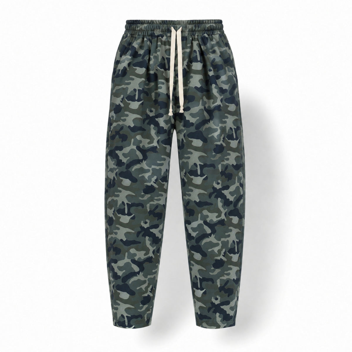 Pantaloni trening bărbați conici tip balon – design oversized, print camuflaj