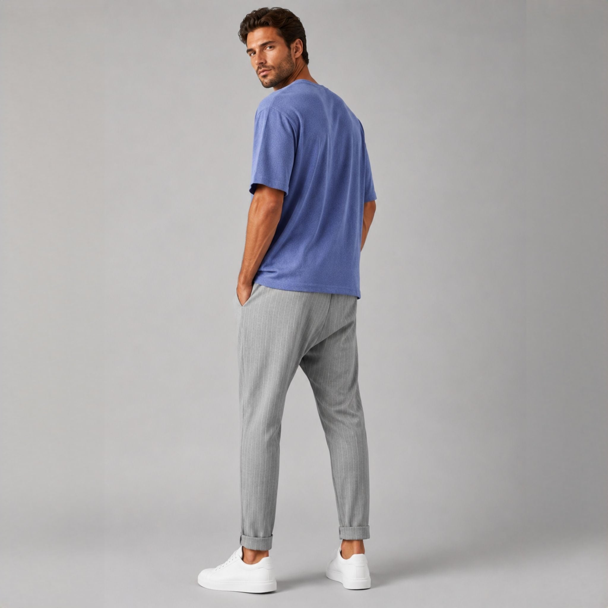 Pantaloni bărbați de vară gri cu dungi fine, lejeri, respirabili, cu tur lăsat