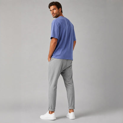 Pantaloni bărbați de vară gri cu dungi fine, lejeri, respirabili, cu tur lăsat