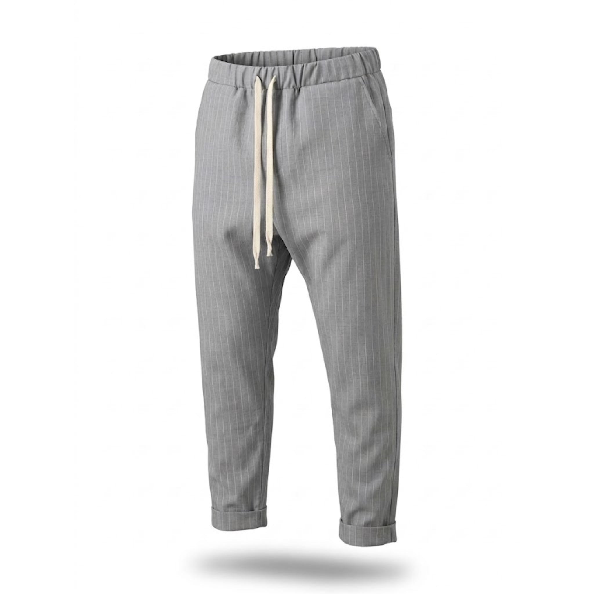 Pantaloni bărbați de vară gri cu dungi fine, croială lejeră cu tur lăsat, talie elastică și șnur crem