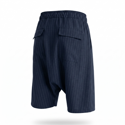 Compleu bărbați bleumarin cu dungi fine – cămașă oversized și pantaloni scurți lejeri de vară