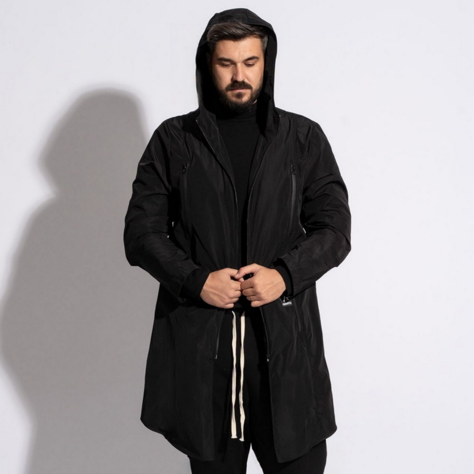 Parka Bărbătească Neagră din Fâș Impermeabil cu Fermoare
