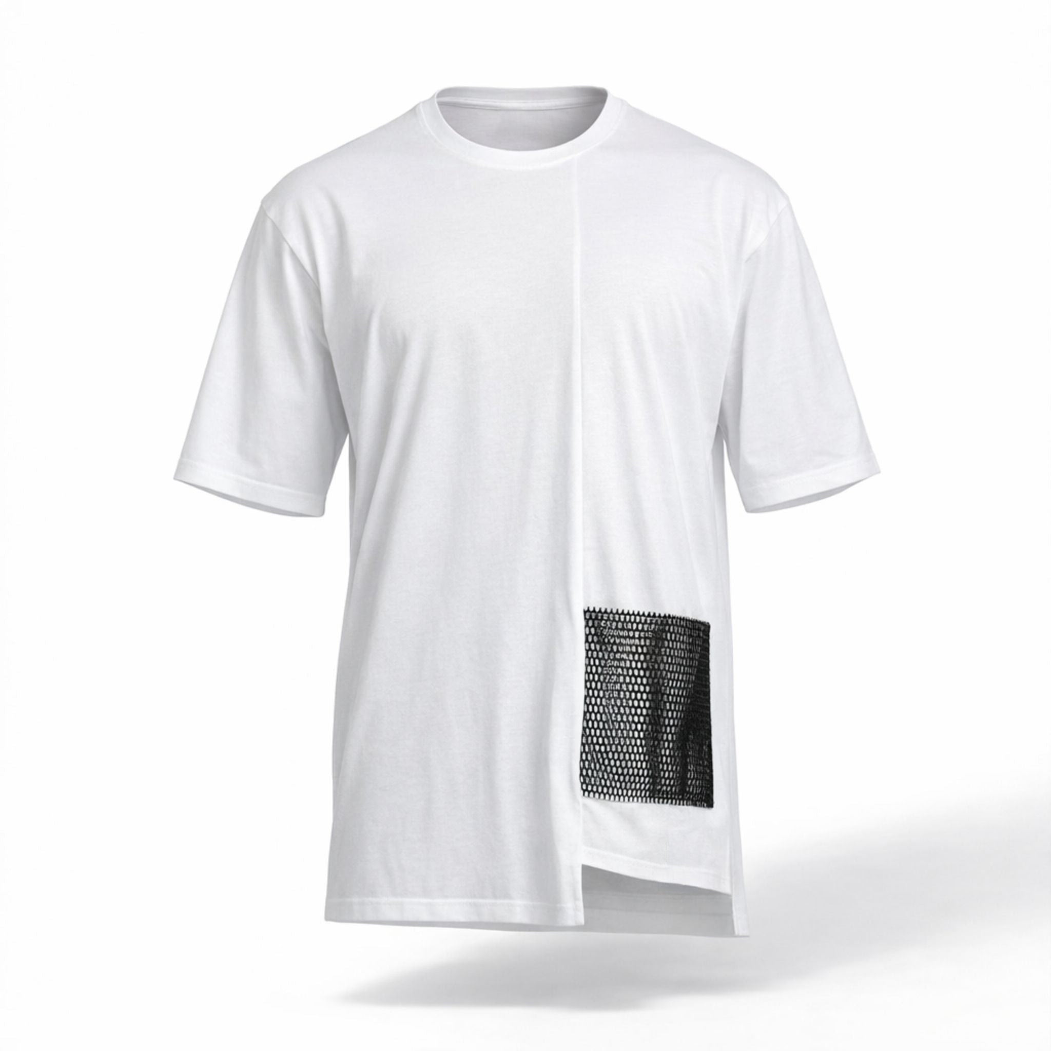 Tricou alb supradimensionat asimetric cu buzunar din plasa