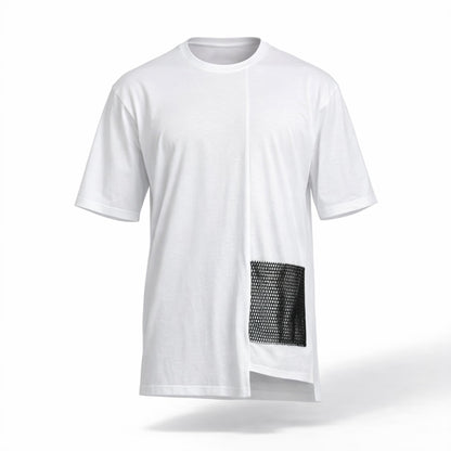 Tricou alb supradimensionat asimetric cu buzunar din plasa