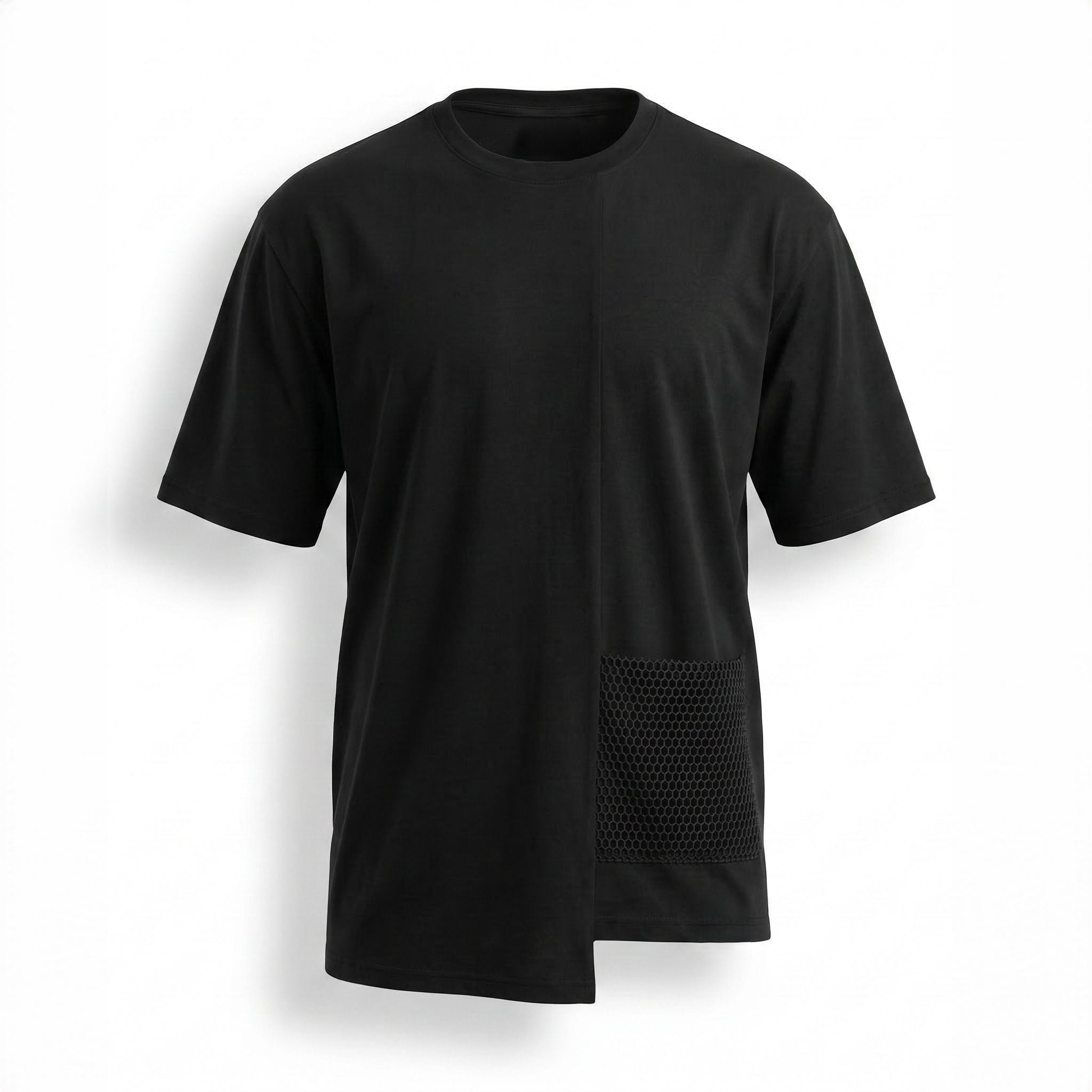 Tricou negru supradimensionat, asimetric cu buzunar din plasa