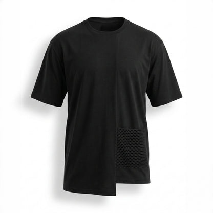 Tricou negru supradimensionat, asimetric cu buzunar din plasa