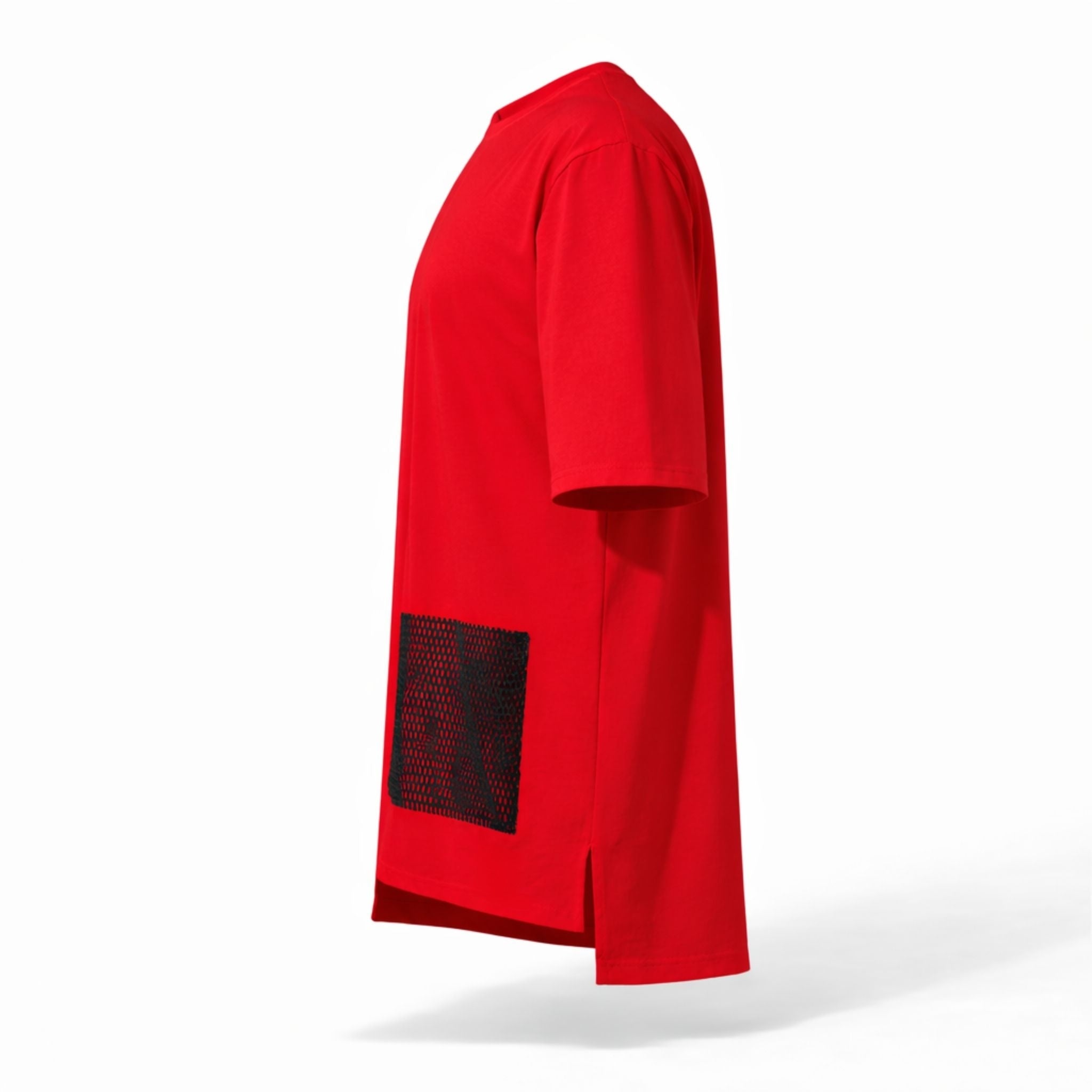 Tricou rosu supradimensionat asimetric cu buzunar din plasa